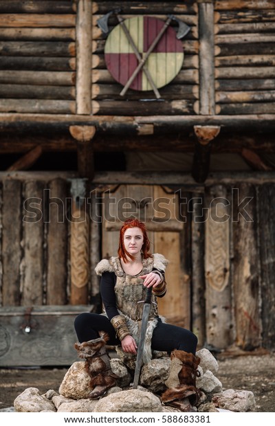 Portrait Girl Viking Outfit Red Hair Stock Photo (Edit Now) 588683381