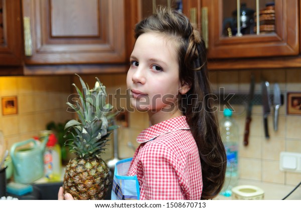 Portrait Girl Vintage Haircut Pineapple Kitchen Stock Photo