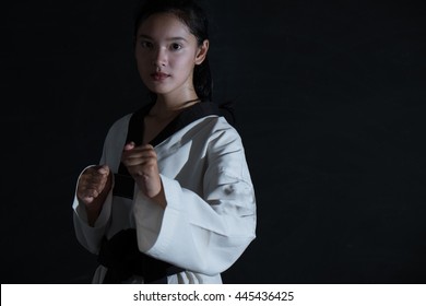 Portrait Girls Taekwondo In Studio.