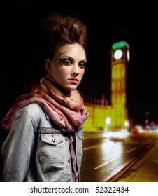 portrait of glam punk redhead girl posing near BIG BEN