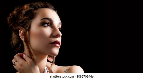 Portrait Of Glamor Young Woman Face In High Definition, Seductive, Sensual, Feminine, On Black Background To Write Text In Case