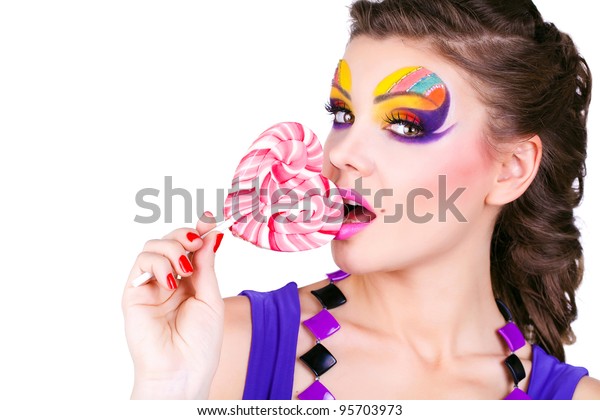 Portrait Glamourous Beautiful Woman Holding Lollipop Foto De Stock