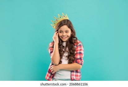 Portrait Of Glory. Smiling Child In Crown. Self Confident Queen. Expressing Smug.