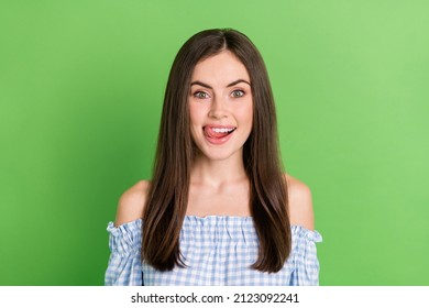 Portrait of good looking pretty female licking lips try yummy food dessert isolated on green color background - Shutterstock ID 2123092241