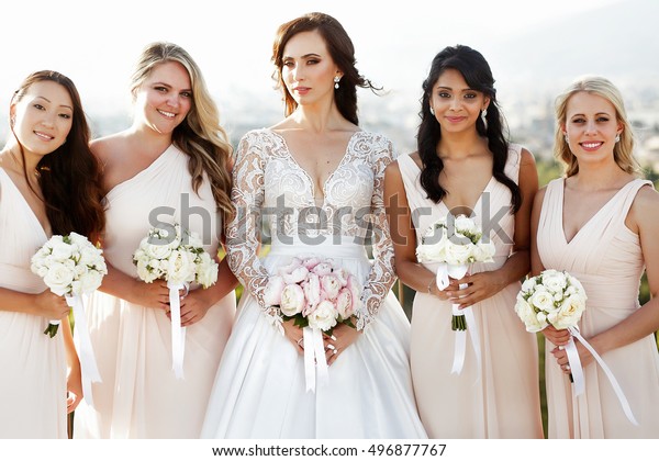 Portrait Gorgeous Bride Bridesmaids Posing Wedding Stock Photo