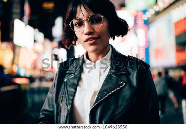 Portrait Gorgeous Brunette Hipster Girl Stylish Stock Photo Edit