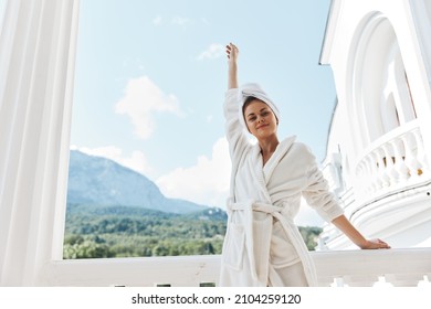 Portrait Of Gorgeous Woman Good Mood Morning Mountains Landscape Relaxation Concept