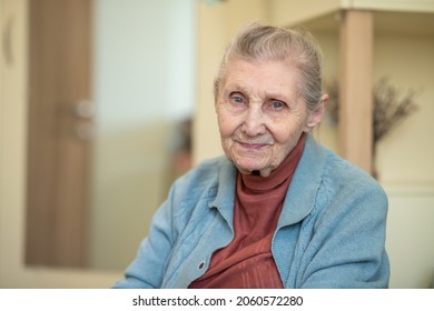 Portrait of a grandmother, an old woman with a wrinkled face sits in the room and smiles.
 - Shutterstock ID 2060572280