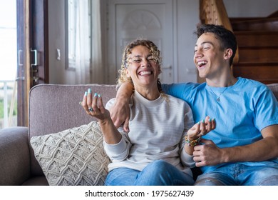 Portrait Of Grateful Teenager Man Hug Smiling Middle-aged Mother Show Love And Care, Thankful Happy Grown-up Son In Embrace Cheerful Mom, Enjoy Weekend Family Time At Home Together, Bonding Concept