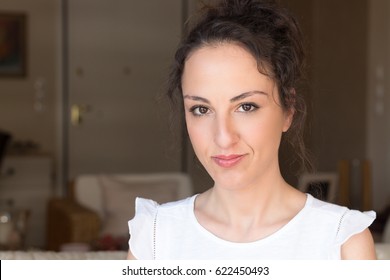 Portrait Of A Greek Young Woman 30s Years Old, Looking Serious.