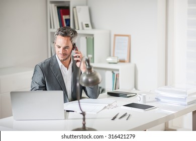 Portrait of a grey hair businessman with beard speaking on his smartphone while working on a computer at his desk. He is in a office his notebook in front of him like an insurance or bank manager - Powered by Shutterstock