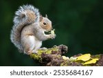 Portrait of a grey squirrel eating green hazelnut on a mossy tree stump in autumn, UK.