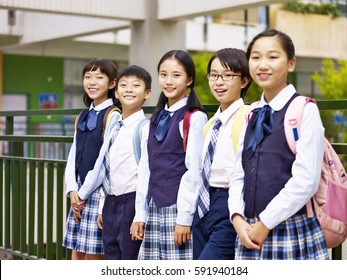 Porträt einer Gruppe asiatischer Grundschulkinder, die sich die Kamera lächelnd ansehen