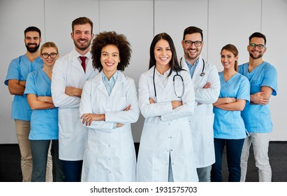 Portrait Of A Group Of Happy Doctors And Nurses In Hospital