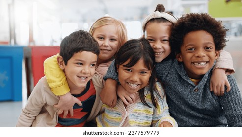 Portrait, group and kids with smile at school for education, learning and knowledge with hug. Student, children or face with happiness in classroom for study, scholarship or childhood development - Powered by Shutterstock