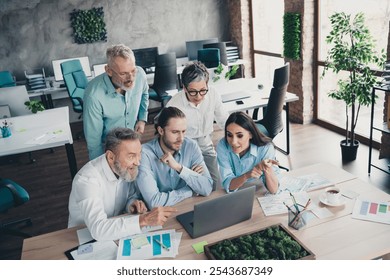 Portrait of group professional office workers laptop communicate loft interior business center indoors - Powered by Shutterstock