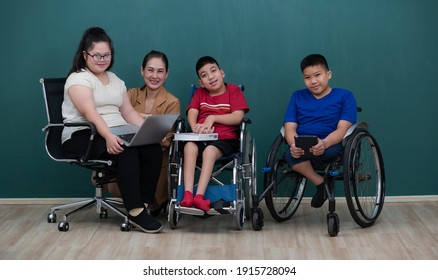 Portrait group of special kids classroom, disable and down syndrome boys, girl and teacher taking photo together with happiness and intimate pose.