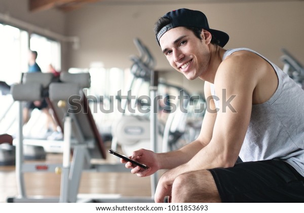 Portrait Guy Gym While Resting Between Stock Image