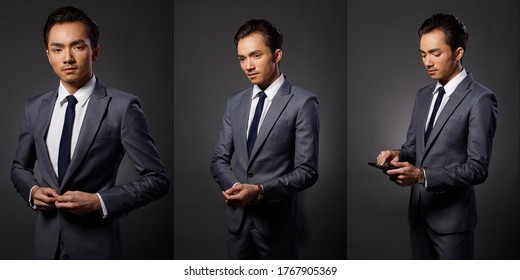 Portrait Half Body 20s Asian Business Man Gray Formal Suit Pants Necktie, Studio Lighting Dark Background, Tanned Skin Male Model Pose Many Act In Collage Group Pack