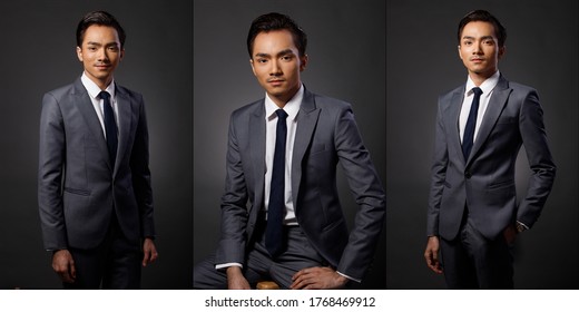 Portrait Half Body 20s Asian Business Man gray formal Suit pants necktie, studio lighting dark background, Tanned skin Male Model pose many act in collage group pack
