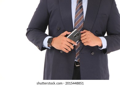 Portrait Half Body 40s Fat Asian Business Man Gray Formal S Necktie, No Face, Studio Lighti White Background, Tanned Ski Male Model Pose S, Copy Space