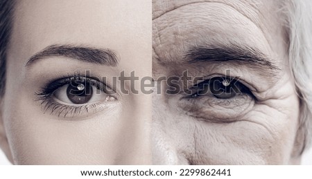 Portrait, half and women faces in studio for skincare, wrinkles and anti aging care. Face, eyes and different closeup by women posing with youth, fine lines and cosmetic results for skin change