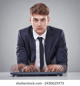 Portrait, hand or businessman for busy, stress or overworked by typing, quick or keyboard in studio. Man, mental health or burnout in corporate, business and fast for office work on grey background - Powered by Shutterstock