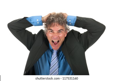 Portrait Handsome Adult Man With Curly Hair And Formal Suit With Lots Of Stress