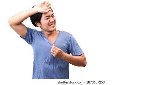 Portrait Handsome Asian Man Feel Hot Weather On White Background In Studio With Copy Space.