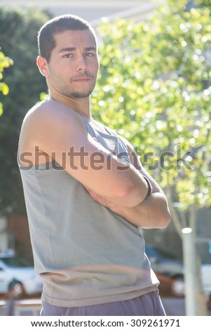 Similar – Image, Stock Photo Young sportsman drinking water after jogging