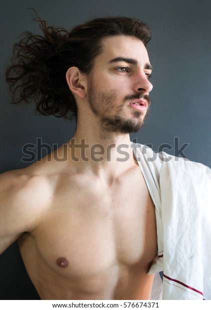 Portrait Handsome Bearded Guy Long Curly Stock Photo Edit