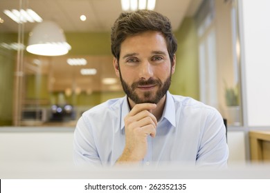 Portrait Of Handsome Bearded Man In Office. Looking Camera