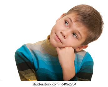 A Portrait Of A Handsome Boy Looking Thoughtfully Right; Isolated On The White Background