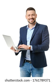 Portrait Of Handsome Businessman With Laptop On White Background