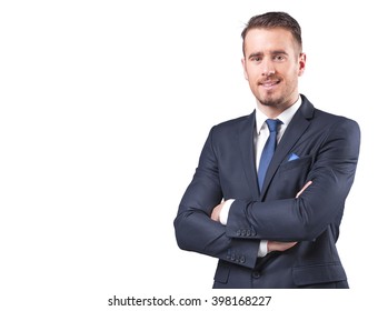 Portrait of a handsome businessman standing with arms crossed, isolated on white background