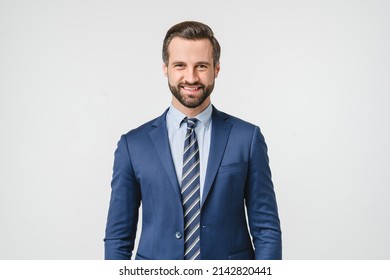 Portrait handsome caucasian man in formal suit looking at camera smiling and toothy smile isolated in white background  Confident businessman ceo boss freelancer manager