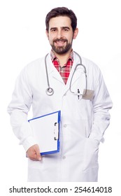 Portrait of handsome doctor holding a clipboard on white background