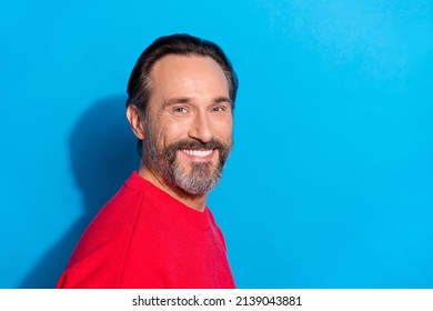 Portrait Of Handsome Good Looking Positive Male Smiling Wear Comfy Warm Pullover Isolated On Blue Color Background