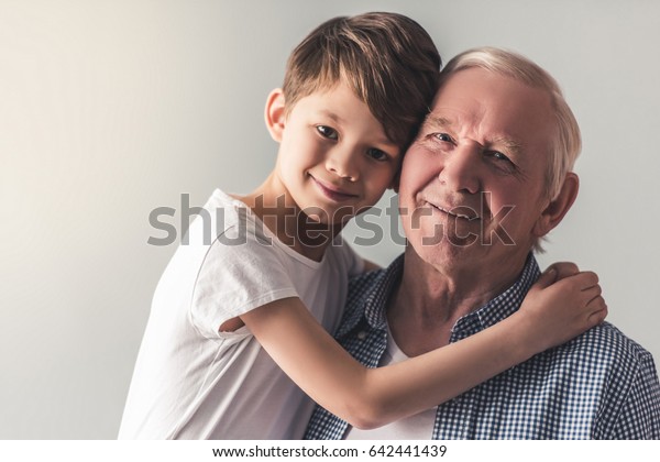 Portrait Handsome Grandpa Grandson Hugging Looking Stock Photo ...