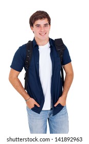 Portrait Of Handsome High School Boy Posing On White Background