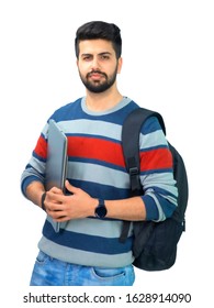 Portrait of handsome Indian man holding laptop with back bag on white background