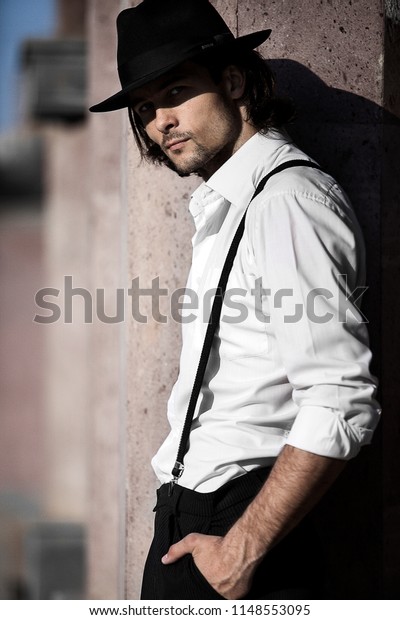 Elegant Young Man White Shirt Suspenders Stock Photo 245181511