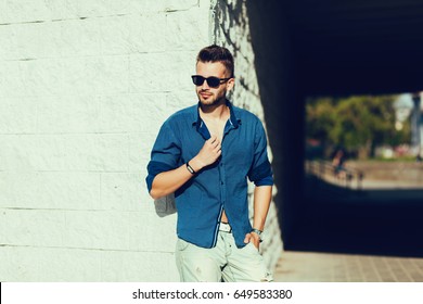 Portrait Of A Handsome Man, Fashion Model, In Urban Background