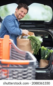 Portrait Of Handsome Man Packing Groceries Into Car Trunk