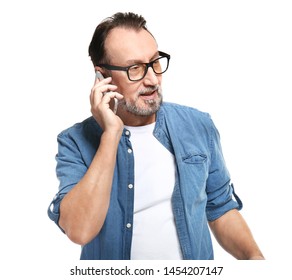 Portrait Of Handsome Mature Man Talking By Mobile Phone On White Background