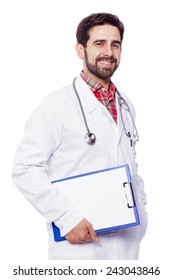 Portrait of handsome medical doctor holding a clipboard, isolated on white background