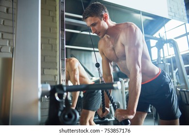 Portrait of handsome muscular man with bare chest training in gym using exercising machines, copy space
