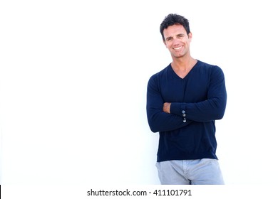 Portrait Of A Handsome Rugged Man Smiling Against White Background