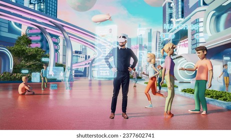 Portrait of Handsome South Asian Man Wearing Virtual Reality Headset in a 3D Digital VR World with Online Network Platform. Indian Man Exploring Next Generation Immersive Social Media Enviromnet. - Powered by Shutterstock