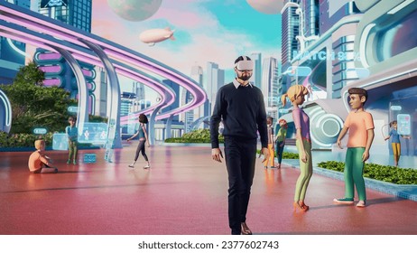 Portrait of Handsome South Asian Man Wearing Virtual Reality Headset in a 3D Digital VR World with Online Network Platform. Indian Man Exploring Next Generation Immersive Social Media Enviromnet. - Powered by Shutterstock